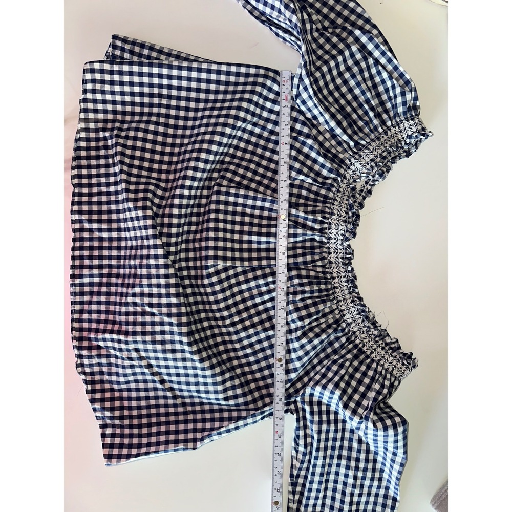 Madewell Navy White Gingham Smocked Off The Shoulder‎ Cotton Blouse G1547 SP 17 - Picture 3 of 11